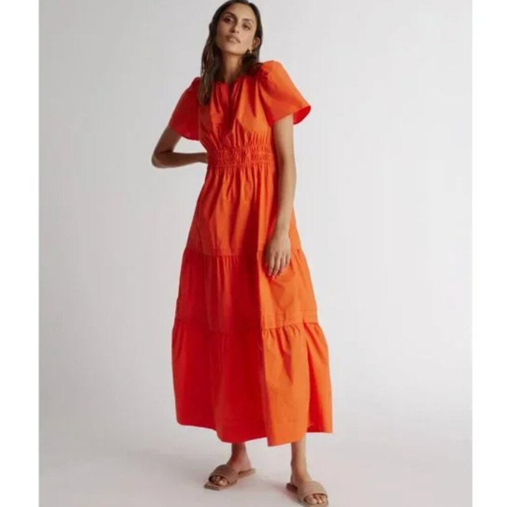 Quince Red Organic Cotton Tiered Maxi Dress sz XS Women's Pockets Poplin Fabric